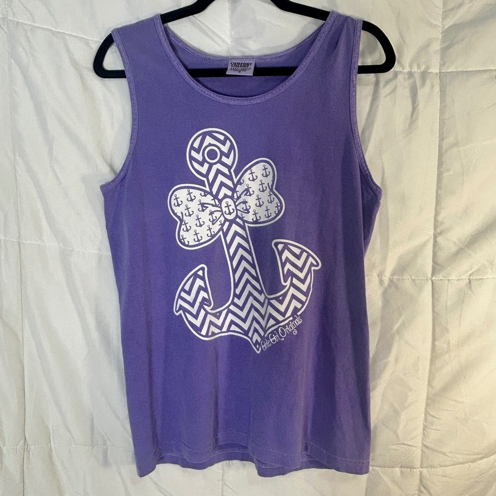 Comfort Colors Purple Anchor Bow Graphic Tank Top Shirt Womens Size S